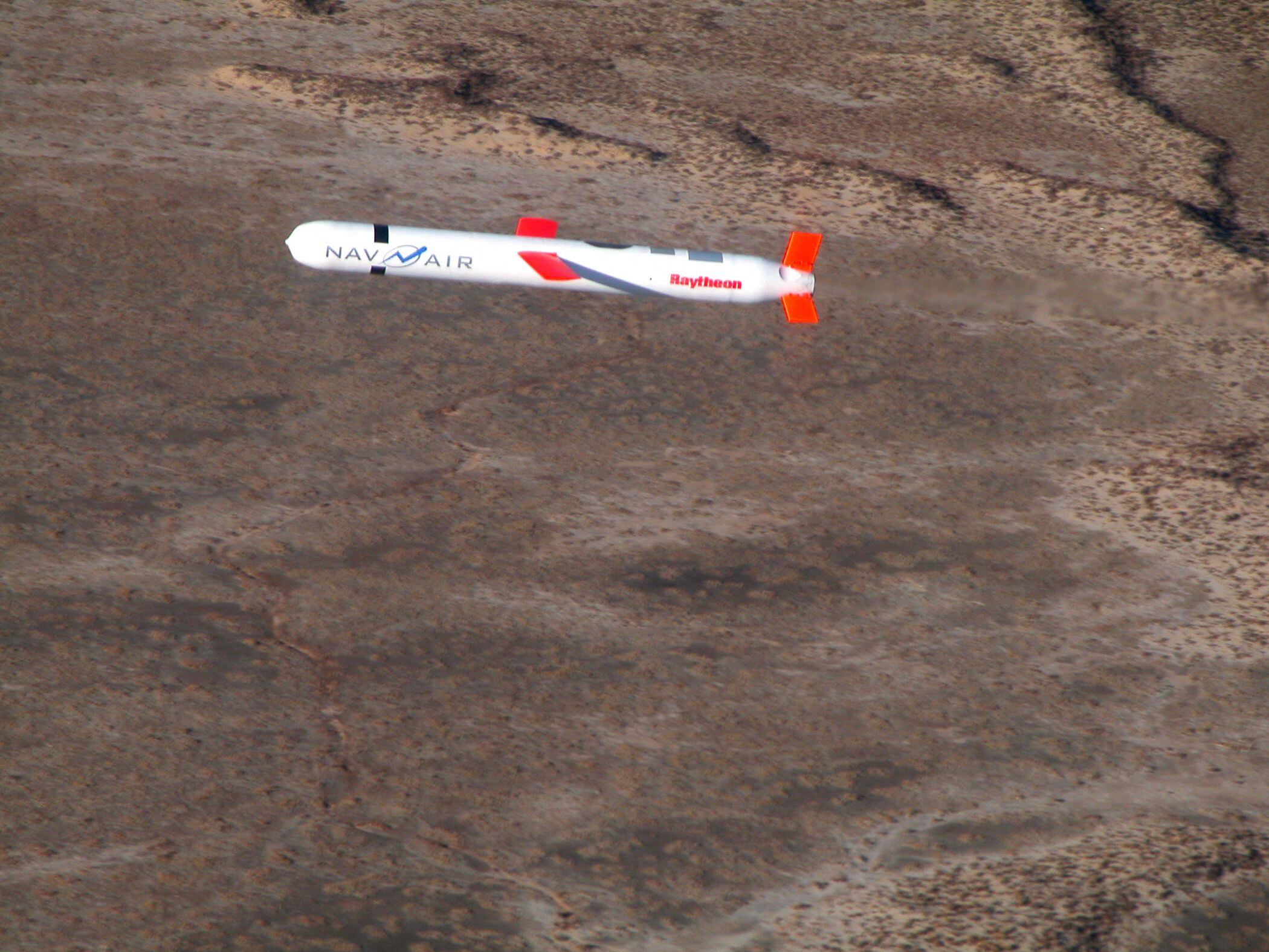 A Tomahawk tactical cruise missile conducts a controlled flight test in Southern California.  (Photo by US Navy/AFP).