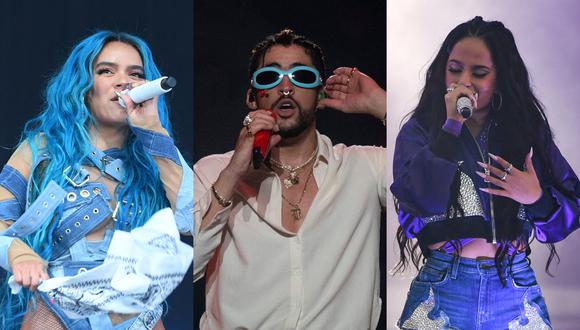 Karol G (izquierda), Bad Bunny (centro) y Becky G (derecha) se ubican entre los más nominados a los Billboard Latin Music Awards 2022. (Fotos: AFP)
