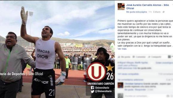 Universitario: José Carvallo se despidió del club en Facebook
