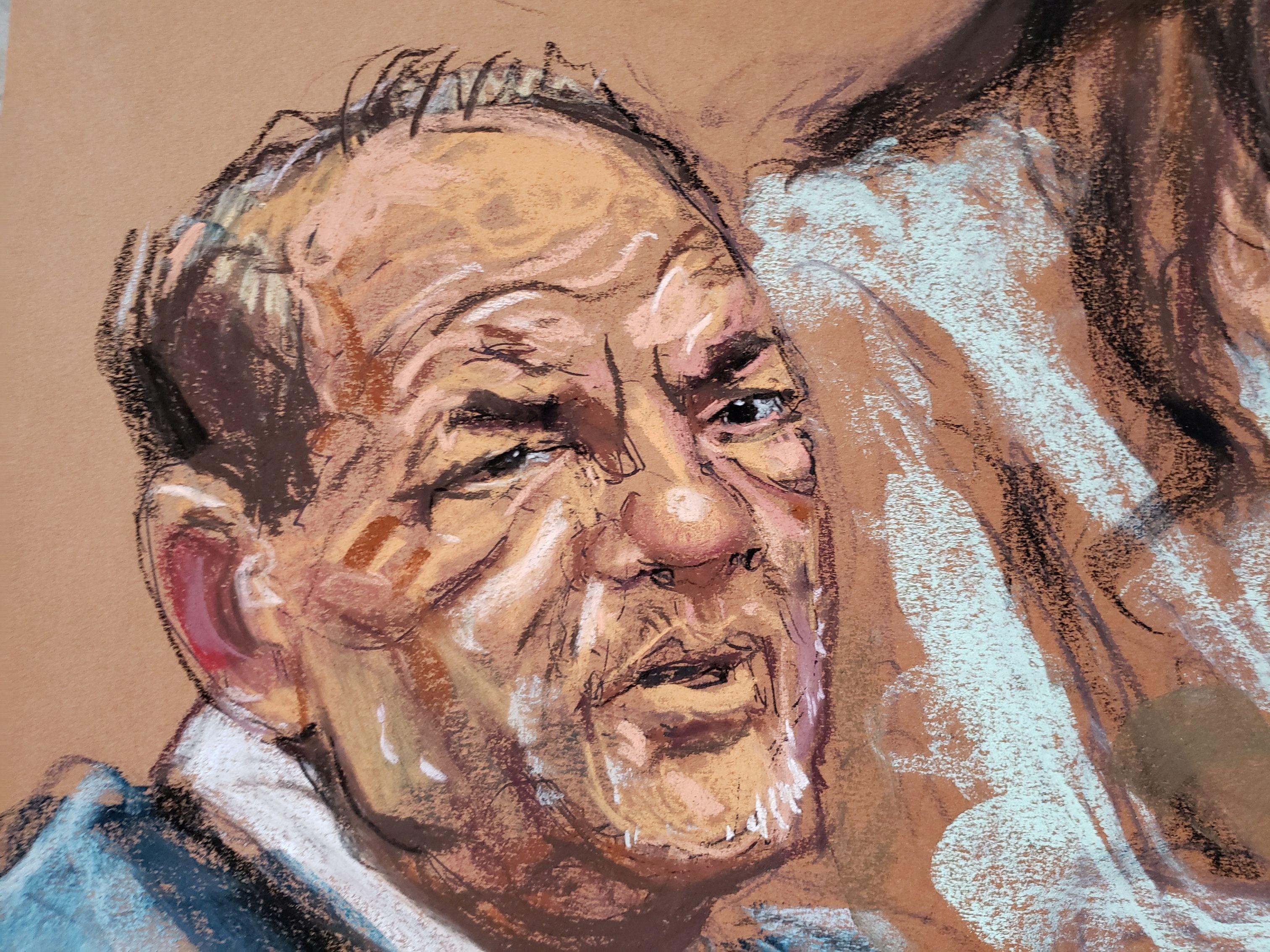 Una ilustración de Harvey Weinstein durante el juicio en su contra en Nueva York. (REUTERS/Jane Rosenberg).