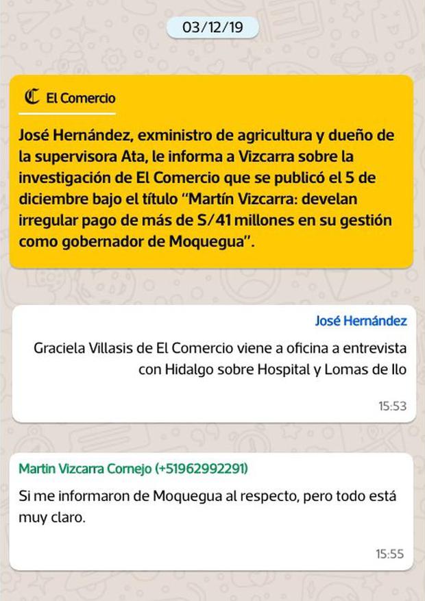 Diálogo que sostuvieron el exministro José Hernández y el expresidente Martín Vizcarra el 3 de diciembre del 2019 en WhatsApp. Esto quedó registrado en el celular de Hernández que fue entregado a la fiscalía.