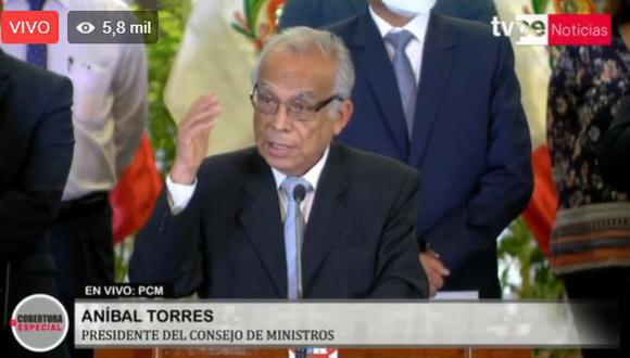 Primer ministro Aníbal Torres y miembros del Gabinete brindan pronunciamiento en Palacio de Gobierno (Foto: Captura de TV)
