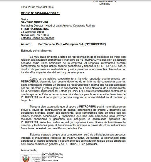 Esta es la carta enviada por el ministro de Economía y Finanzas, José Arista, a Fitch Ratings el lunes 20 de mayo.