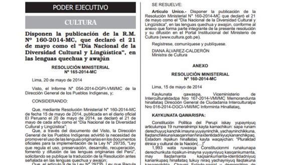 Publican por primera vez una norma legal en quechua y awajun