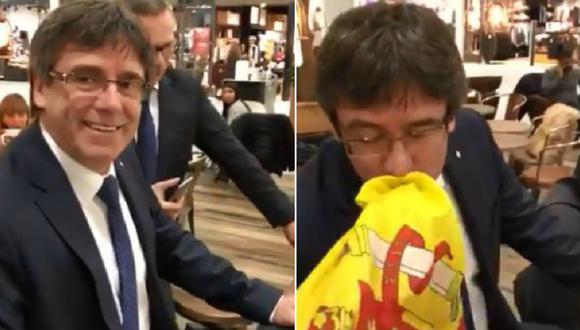 Carles Puigdemont besa la bandera de España. (Foto: captura de video de Twitter)