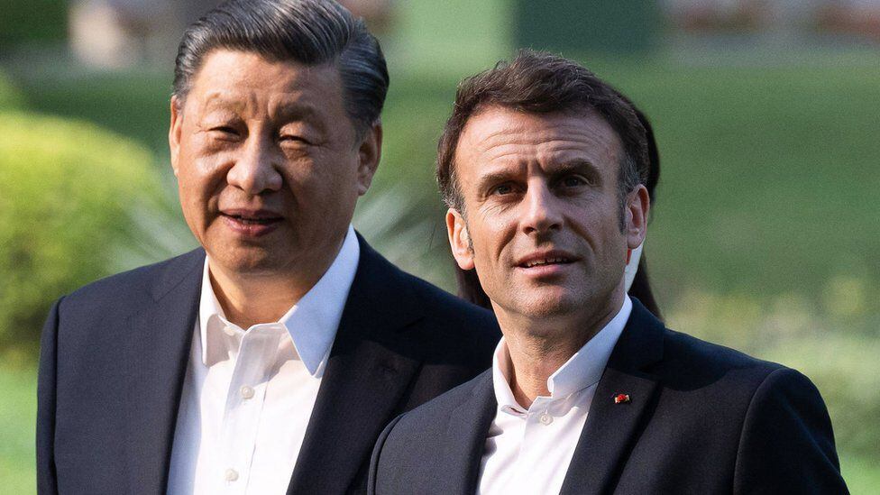 Xi and Macron during the French president's visit to China.  (GETTY IMAGES).