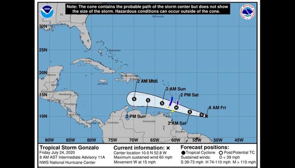 Fotografía cedida por el Centro Nacional de Huracanes (NHC) de Estados Unidos donde se muestra el pronóstico del paso de la tormenta tropical Gonzalo por Venezuela.  (Foto: EFE/NHC).