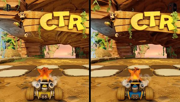 A la izquierda la versión en PS4 de Crash Team Racing y a la derecha la de Nintendo Switch. (Captura de pantalla)