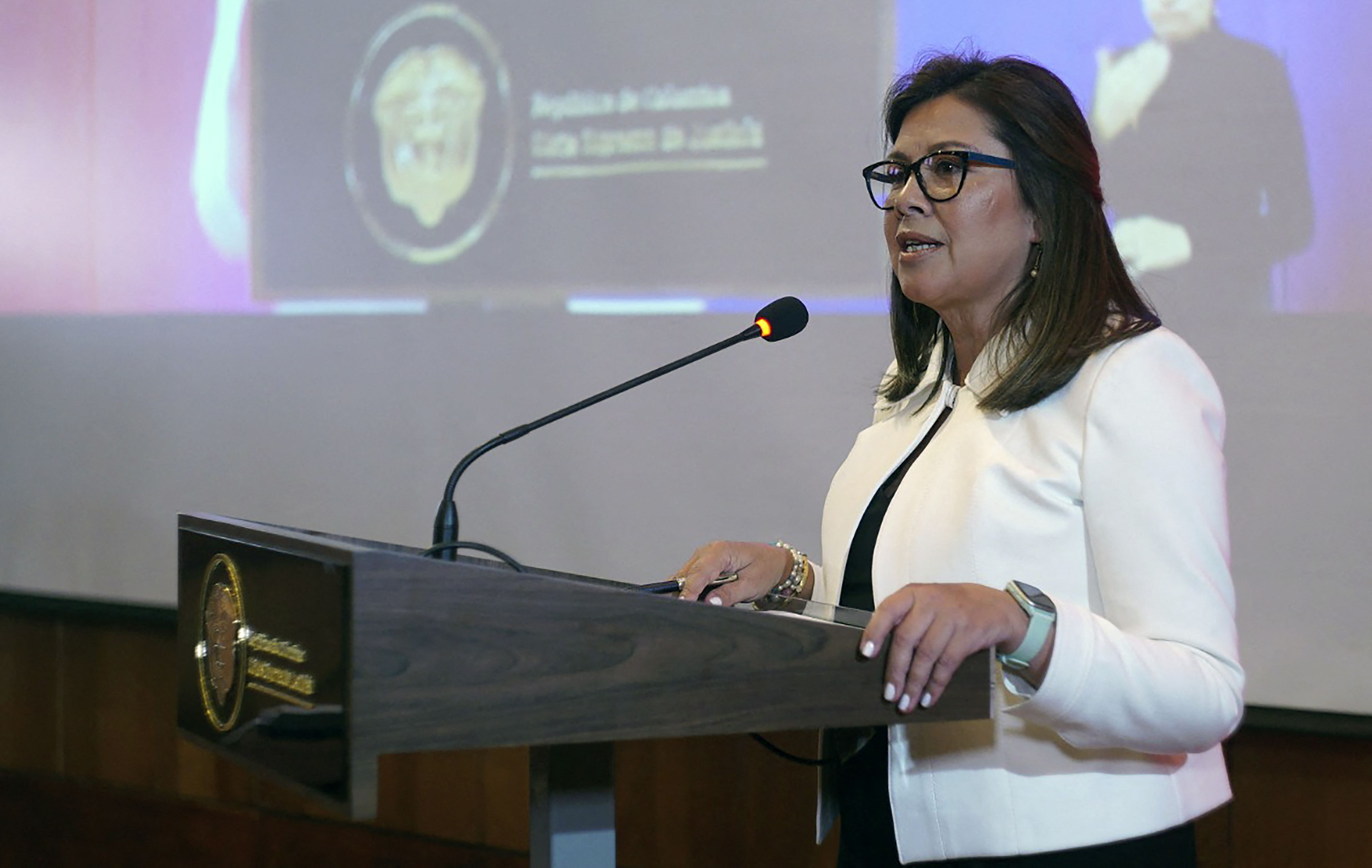 This photograph released by the press office of the Supreme Court of Justice of Colombia on March 12, 2024 shows Colombian lawyer Luz Adriana Camargo speaking during an event.  (AFP).