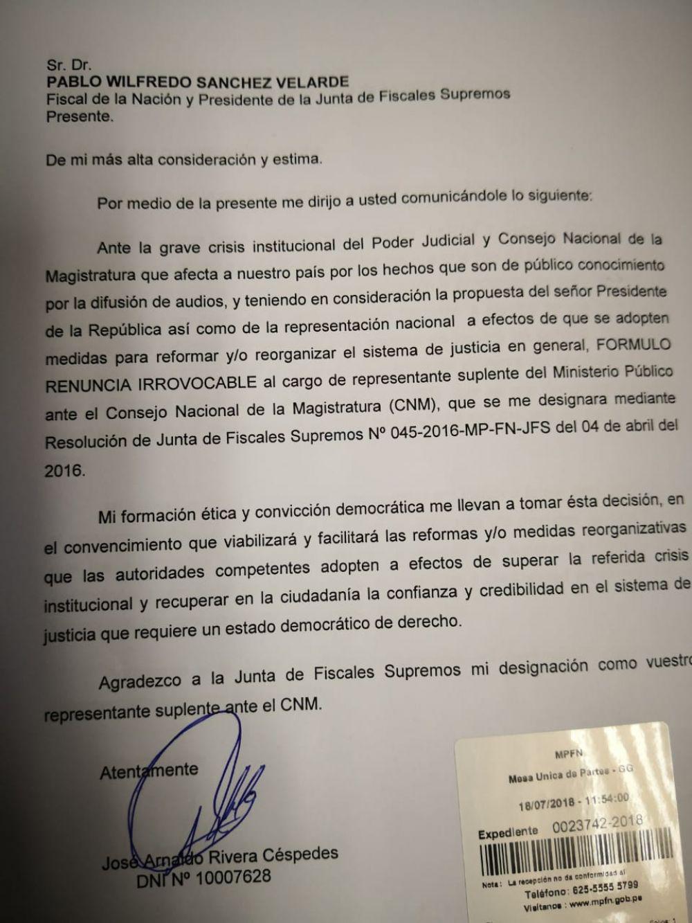 La carta enviada por el consejero suplento José Rivera Céspedes al fiscal de la Nación, Pablo Sánchez.