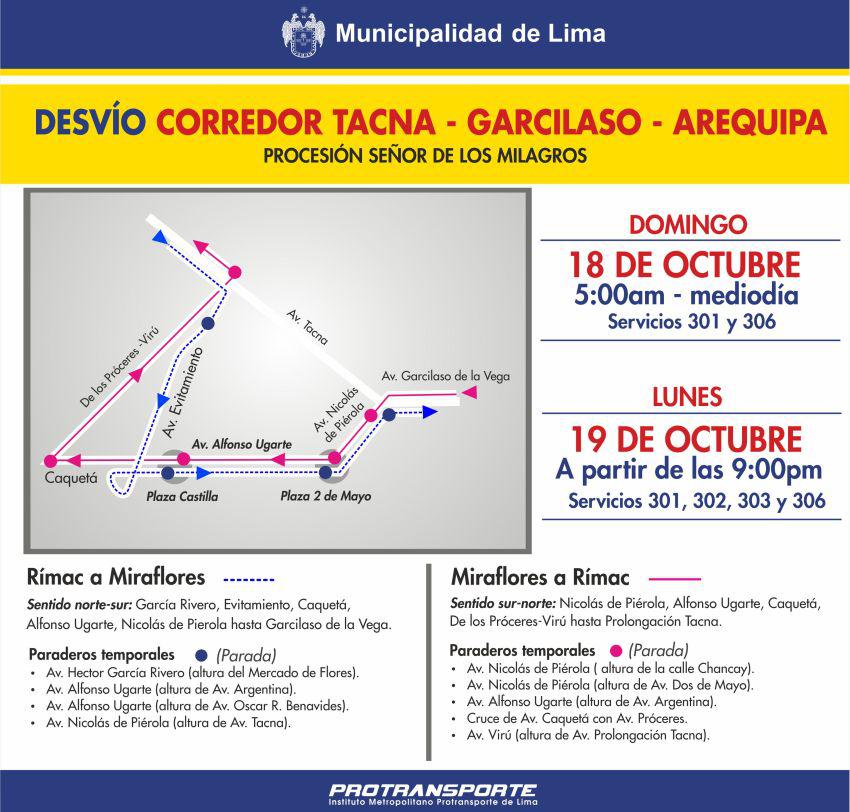 Metropolitano y corredor azul serán desviados este 18 y 19 - 2