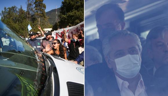 Manifestantes gritan consignas a la camioneta en la que se transporta al presidente de Argentina, Alberto Fernández, en Lago Puelo, provincia de Chubut, el 13 de marzo de 2021. (REUTERS/Matias Garay).