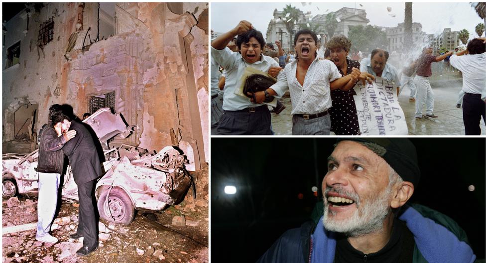 A la izquierda, el atentado a canal 2 de Lima en junio de 1992. A la derecha, en el espacio superior, manifestantes en abril de 1992, tras el autogolpe de Alberto Fujimori. Ambas fotos fueron captadas por Jaime Rázuri, fotógrafo peruano de AFP. Por último, vemos al reportero tras su liberación luego de un secuestro en la franja de Gaza en 2007.