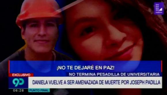 Daniela, la joven estudiante de la Universidad Inca Garcilaso de la Vega, también es amenazada de muerte por su acosador Joseph Padilla.&nbsp;(Foto: Captura/Latina)