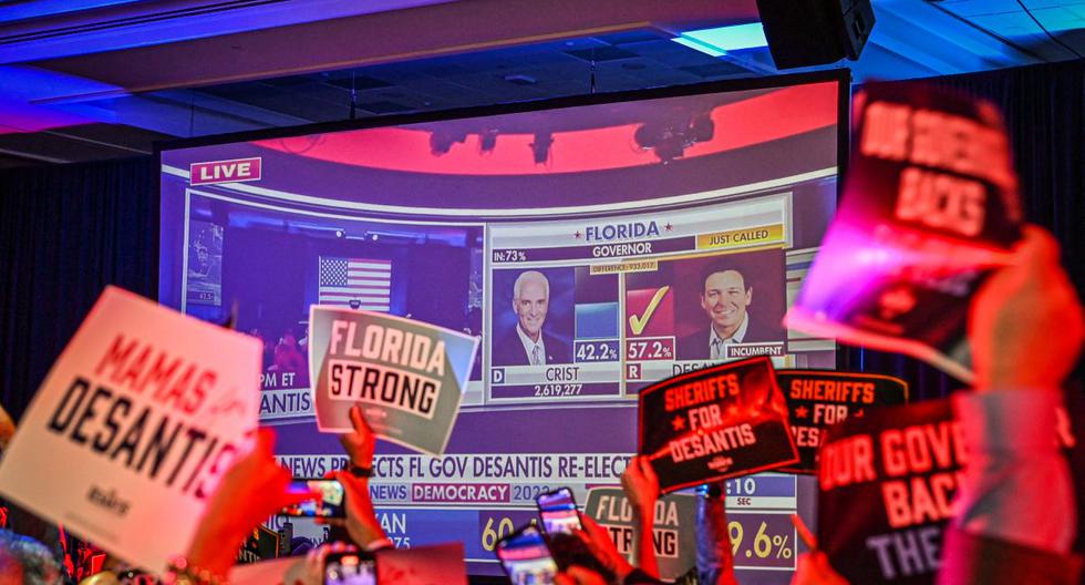 Los partidarios del candidato republicano a gobernador de Florida, Ron DeSantis, aplauden mientras ven los resultados de las elecciones en vivo. (Giorgio VIERA / AFP).