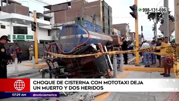 Comas: choque de cisterna con mototaxi deja un muerto y dos heridos. (Foto: América Noticias)