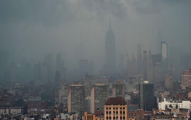 Rain covers the Empire State Building in New York on July 8, 2012 as Tropical Storm Elsa moves northeast with heavy rains and flash flood warnings.