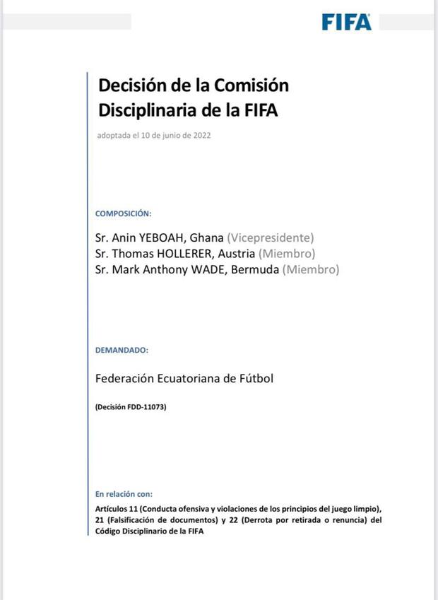 Documento presentado por FIFA sobre el caso Byron Castillo.