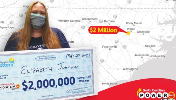 Imagen de Elizabeth Johnson, ganadora de un sorteo de lotería en Estados Unidos. (Captura de pantalla/Twitter NC Education Lottery).