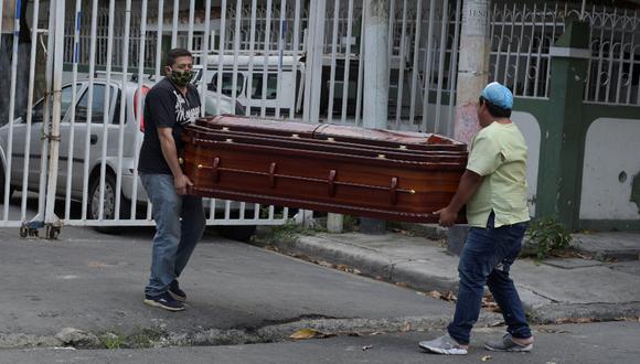 Imagen referencial. Un miembro de la familia y el empleado de una funeraria llevan un ataúd con el cuerpo de una mujer que murió en su casa ayer, durante el brote de la enfermedad por coronavirus (COVID-19), en Guayaquil, Ecuador, 31 de marzo de 2020. Foto:  REUTERS / Vicente Gaibor del Pino