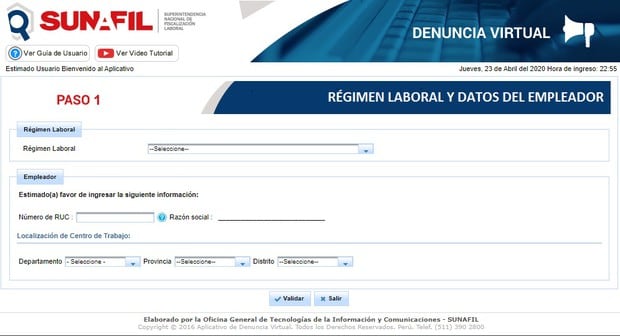 Deberás llenar un formulario en el que aparecen los siguientes campos: régimen laboral, empleador, número de RUC, razón social, localización de centro de trabajo (departamento, provincia, distrito) (Foto: Sunafil)