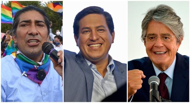 Andrés Arauz (centro) ganó las elecciones en Ecuador, mientras que Yaku Pérez (izquierda) y Guillermo Lasso se disputan el segundo lugar. (AFP).