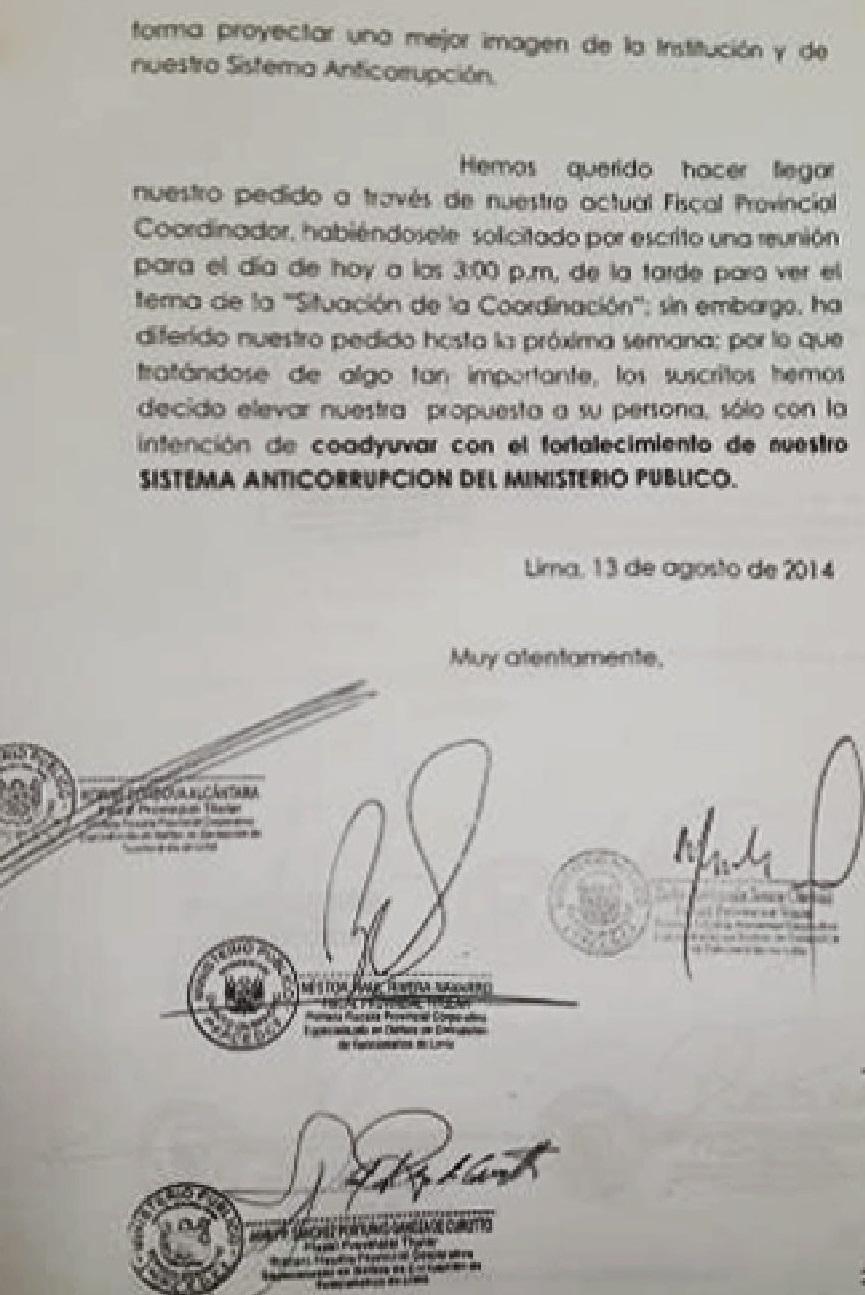 Documentos firmado por la fiscal Zoila Sueno y otros fiscales anticorrupción.