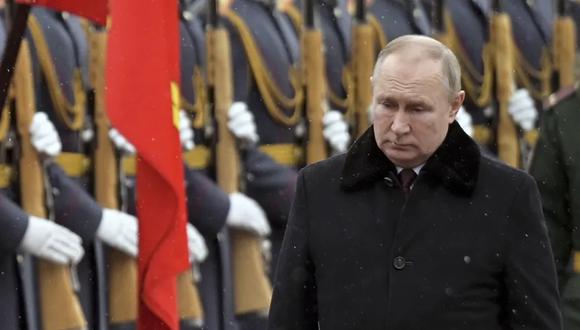 El presidente ruso Vladimir Putin en una ceremonia patria en Moscú el 23 de febrero del 2022. (Alexei Nikolsky, Kremlin Pool Photo via AP).