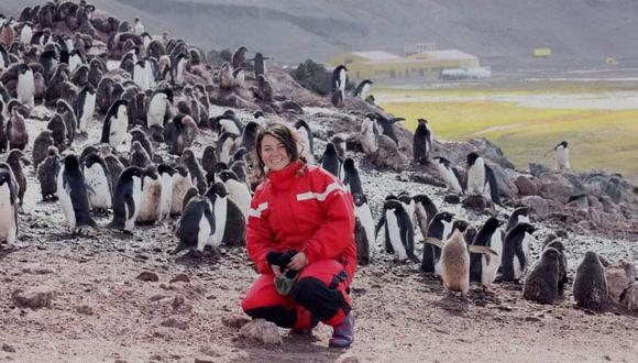 Denisse Sotomayor posa con una colonia de pingüinos Adelia en la estación científica polaca Artowski, en la Isla del Rey Jorge, en la Antártida (2012). Aquella estación era "vecina" del Perú en la isla. "Este fue el viaje que cambió mi vida y mi forma de hacer periodismo", sostiene Sotomayor.