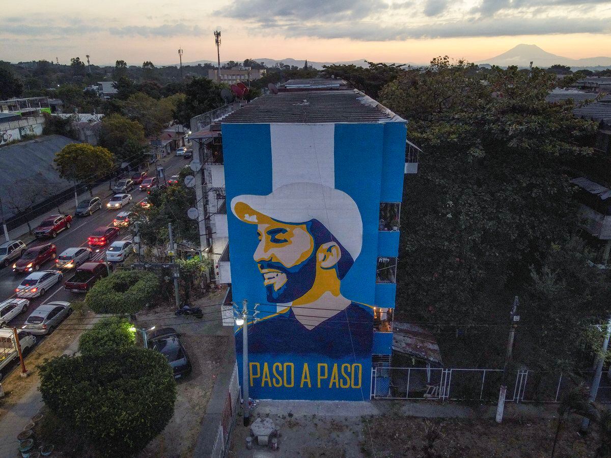 Aerial view of a mural at the Zacamil apartment complex depicting Salvadoran President Nayib Bukele, in Mejicanos, El Salvador, on January 26, 2024. (Photo by Camilo Freedman/AFP)
