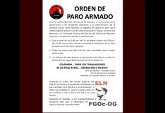 ELN amenaza con un "paro armado" en toda Colombia