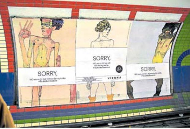 La publicidad en los metros de Europa de la última muestra de Schiele: una estrategia marketera que invita a pensar en los límites actuales de la censura.