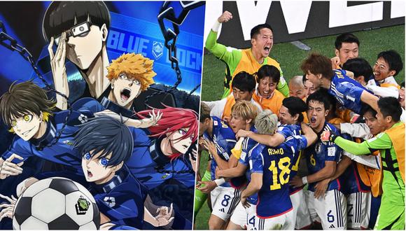 Izquierda: Los protagonistas de "Blue Lock". Derecha: Selección japonesa celebra su victoria contra Alemania. (Foto composición Kondasha / Antonin Thuillier / AFP)