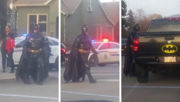 Este es el preciso momento en el que 'Batman' es rechazado por la policía y enviado de vuelta a su casa. (Foto: Melissa Parent en Facebook)
