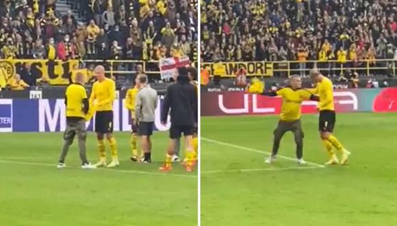 Haaland regaló su camiseta y celebró con hincha de Borussia Dortmund. (Foto: Captura/Composición)