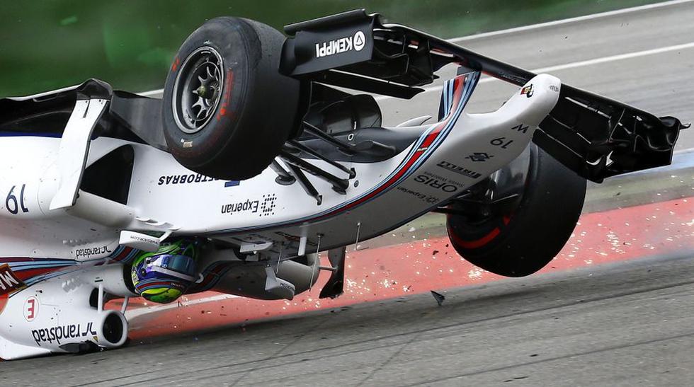 De cabeza: as&iacute; estuvo por un momento el monoplaza de Felipe Massa al ser chocado por el auto del dan&eacute;s Kevin Magnussen. (Foto: AP)