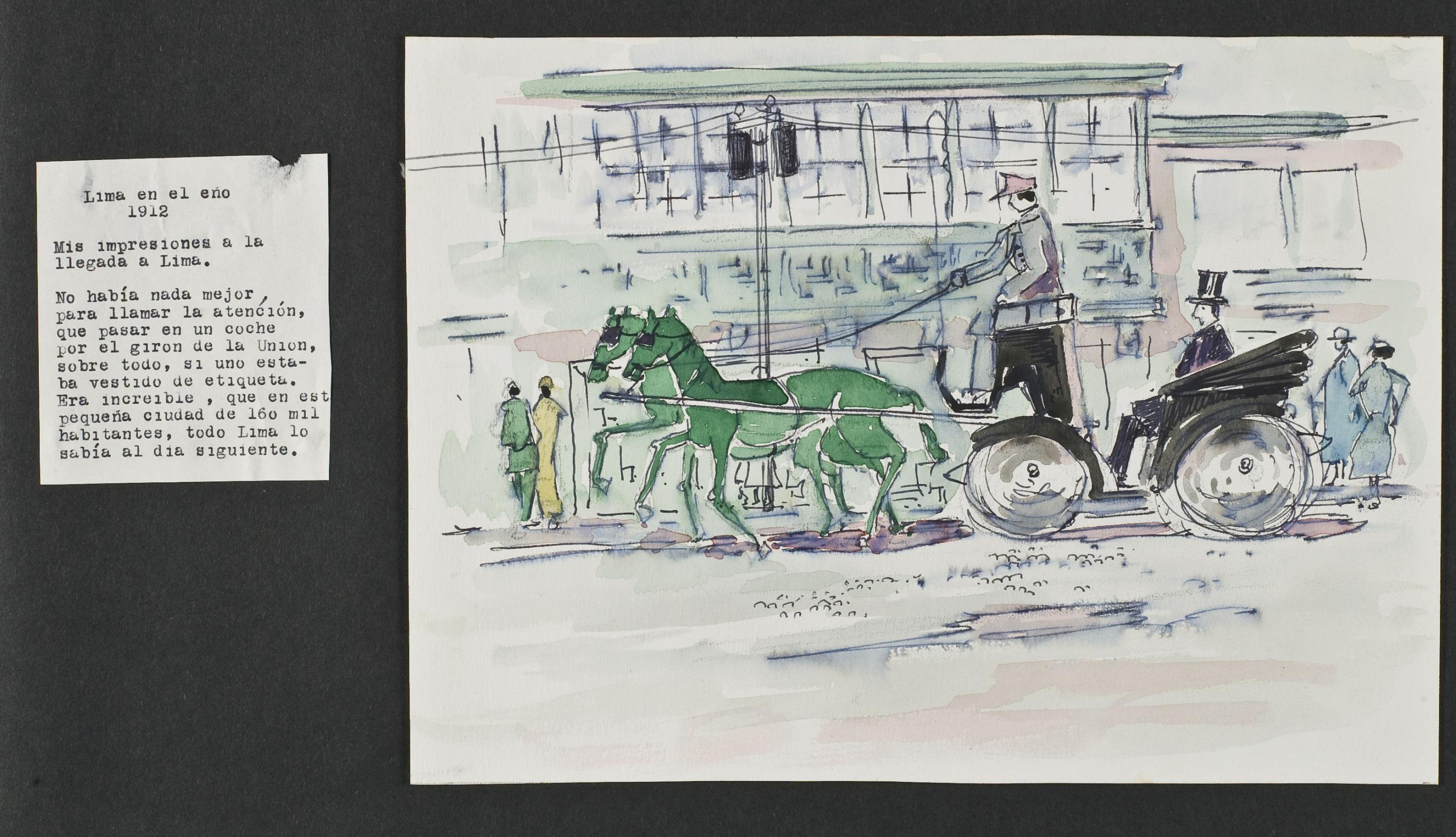 Una de las páginas del álbum autobiográfico de Malachowski. En este caso, nótese la descripción sobre su llegada a Lima y los caballos pintados de verde, por su daltonismo.