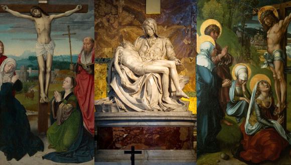 Una misma época, tres representaciones diferentes: “La Piedad” de Miguel Ángel (1498), con Cristo y una sola figura femenina, la de María, su madre. De Gerard David, “La crucifixión” (1495), que solo muestra dos mujeres. Y “Los siete dolores de María”, de Durero, con las Tres Marías.
