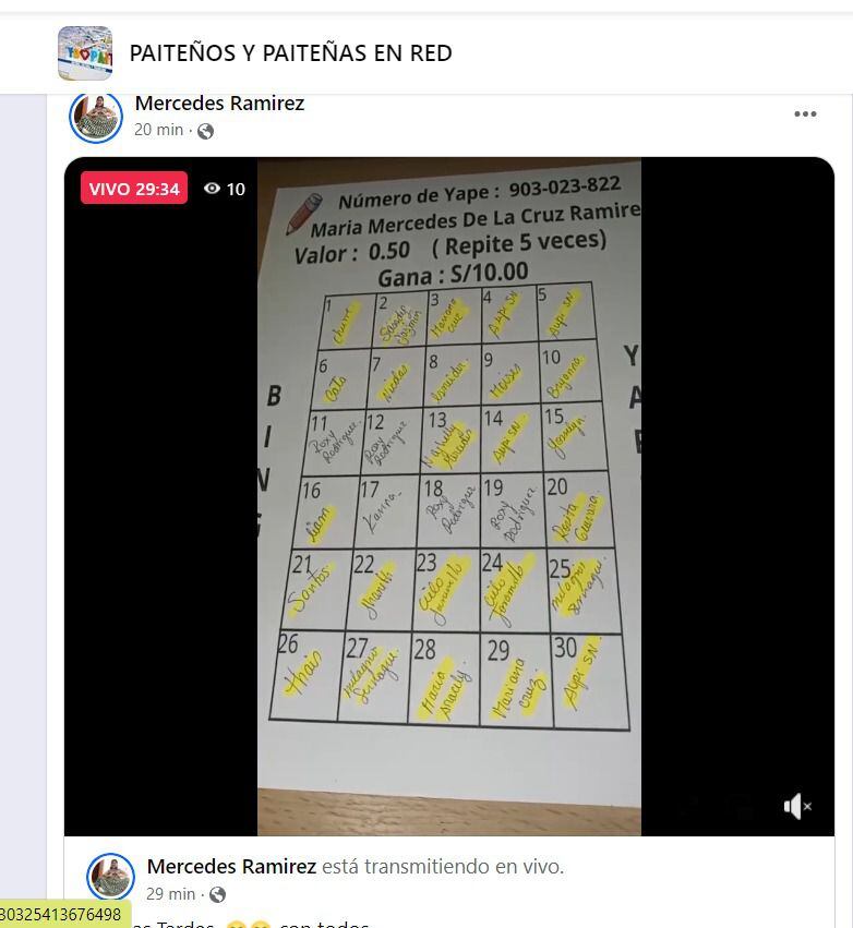 Bingo virtual dentro del grupo de Paiteños y Paiteñas en Red.