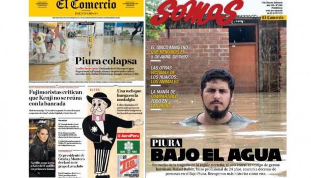 Ralph Zapata, corresponsal en Piura de la sección País de El Comercio está nominado a la categoría Reportaje Regional de los Premios Nacionales de Periodismo 2017. En estas portadas la muestra de su cobertura (Foto: El Comercio)