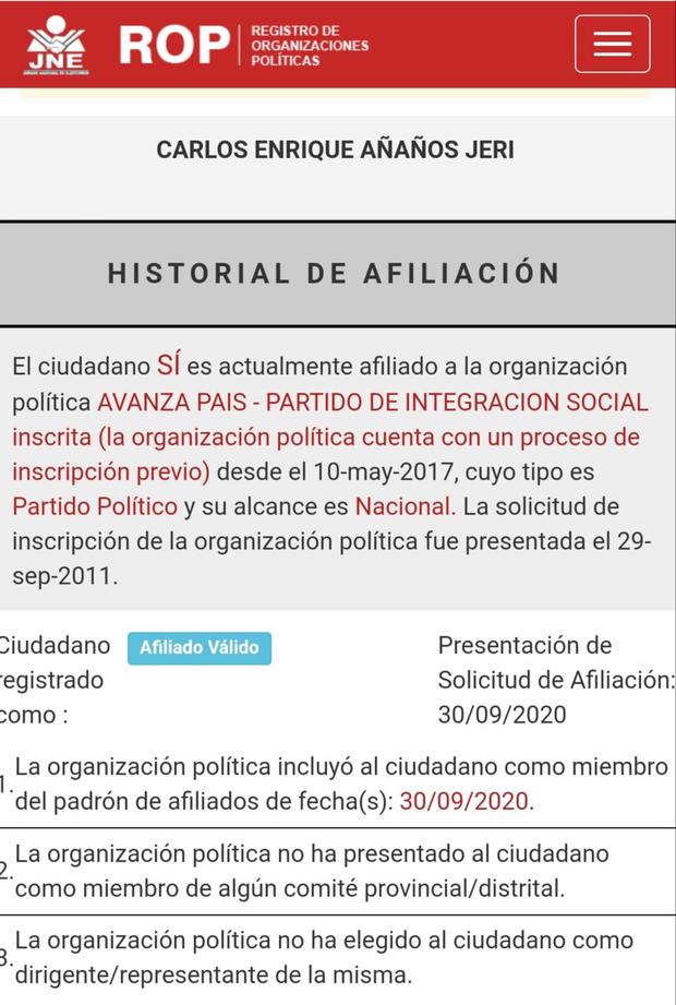 El Registro de Organizaciones Políticas (ROP) confirma la afiliación vigente de Carlos Añaños Jerí a Avanza País.