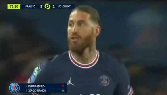 Sergio Ramos ingresó al minuto 72 del PSG vs. Lorient en reemplazo de Marquinhos. (Captura: ESPN)