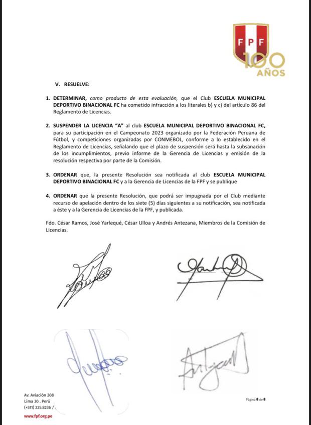 Resolución sobre Deportivo Binacional.