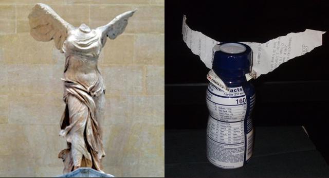 Con un envase de plástico y un papel se obtuvo la estatua griega “Victoria alada de Samotracia”, hecha en mármol en el 190 a.C. / Foto: @gettymuseum