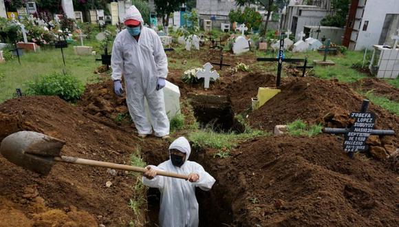 Un sepulturero con traje de bioseguridad cava una tumba para enterrar el ataúd de una víctima de COVID-19 en el cementerio municipal de Mixco, en Mixco, a 20 km al oeste de la ciudad de Guatemala. (Foto: AFP / Johan ORDONEZ).