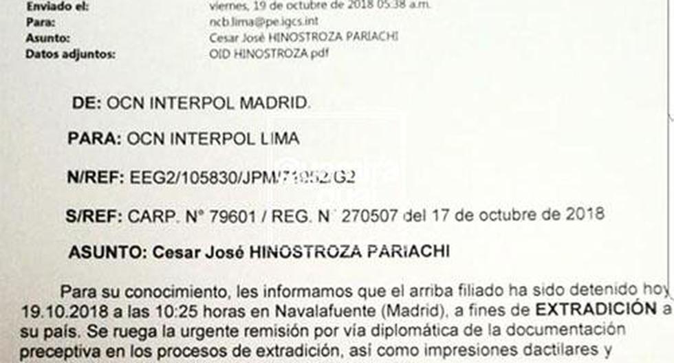Este es el documento de la Interpol donde informa la captura de César Hinostroza. (Foto: Twitter)