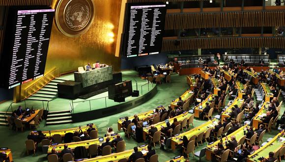 El resultado de la votación para suspender a Rusia del Consejo de Derechos Humanos de la ONU.
(Michael M. Santiago - GETTY IMAGES NORTH AMERICA).