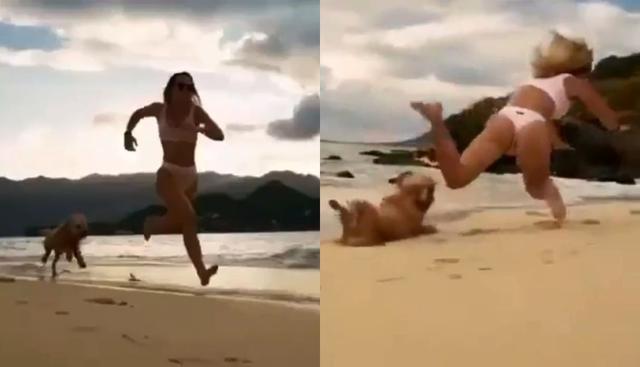 Se publicó en Facebook el video en cámara lenta donde un perro y su dueña se tropiezan y caen en la arena en una playa de México. Se volvió viral desatando risas entre los usuarios de las redes sociales. (Foto: Captura)