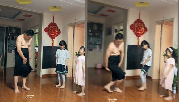 Un ciudadano chino se puso una falta para enseñarles a sus hijas a cómo evitar que sufran algún accidente. (Foto: Souyin).
