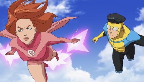 Atom Eve (Gillian Jacobs) y Mark Grayson (Steven Yeun) hacen equipo en "Invincible", basada en el cómic de Robert Kirkman. Foto: Prime Video de Amazon.